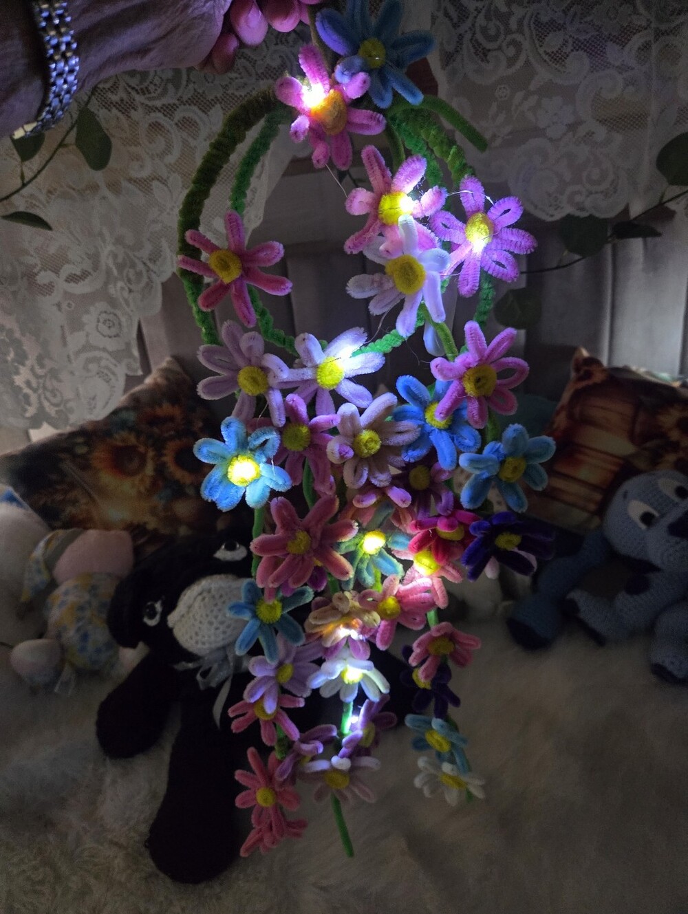 Handmade Multicolor Lighted Floral Wall Hanging – Cheerful Floral Home Decor - Picture 2 of 3